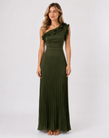 Olive Ruffle One-Shoulder Pleated Maxi Dress — Verdure
