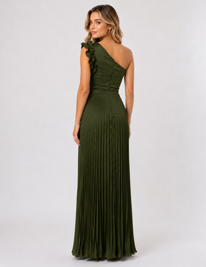 Olive Ruffle One-Shoulder Pleated Maxi Dress — Verdure
