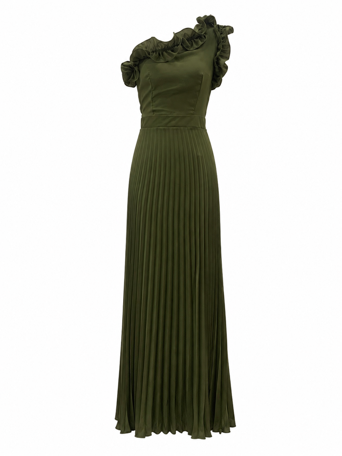 Olive Ruffle One-Shoulder Pleated Maxi Dress — Verdure