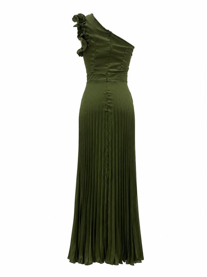 Olive Ruffle One-Shoulder Pleated Maxi Dress — Verdure
