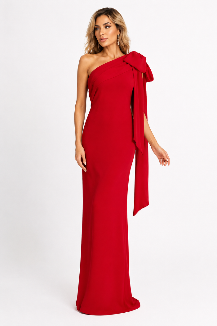 One-Shoulder Bow Draped Maxi Dress - Scarlet
