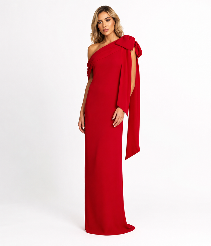 One-Shoulder Bow Draped Maxi Dress - Scarlet