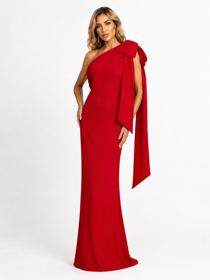 One-Shoulder Bow Draped Maxi Dress - Scarlet