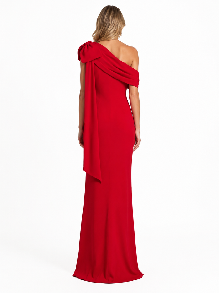 One-Shoulder Bow Draped Maxi Dress - Scarlet