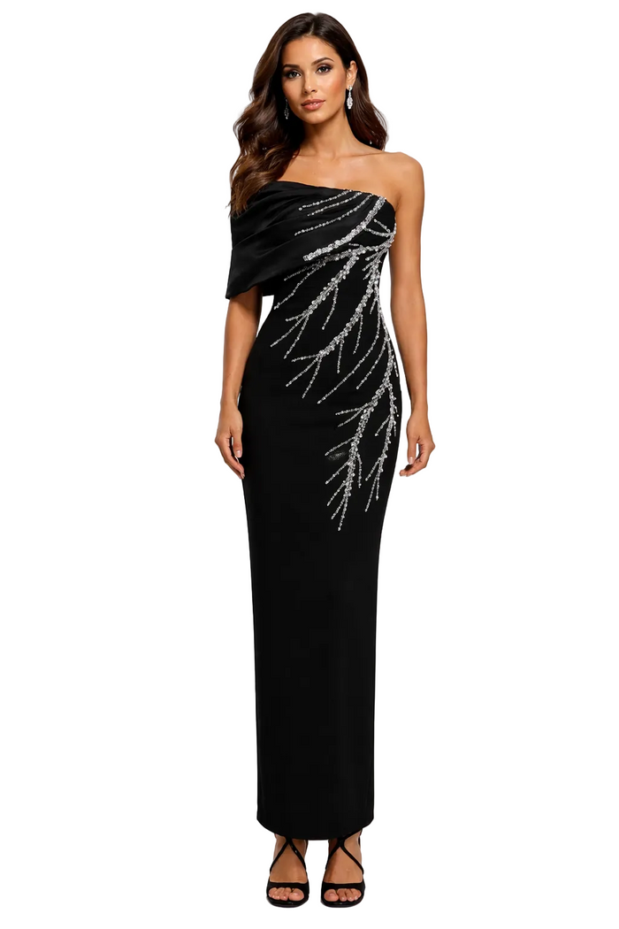 one-shoulder embellished column maxi dress with crystal branch detailing – SILVAE