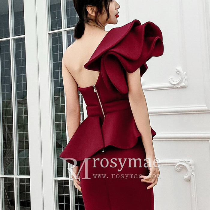 One-Shoulder Ruffled Mermaid Satin Bridal Two-Piece Dress - Rosymae