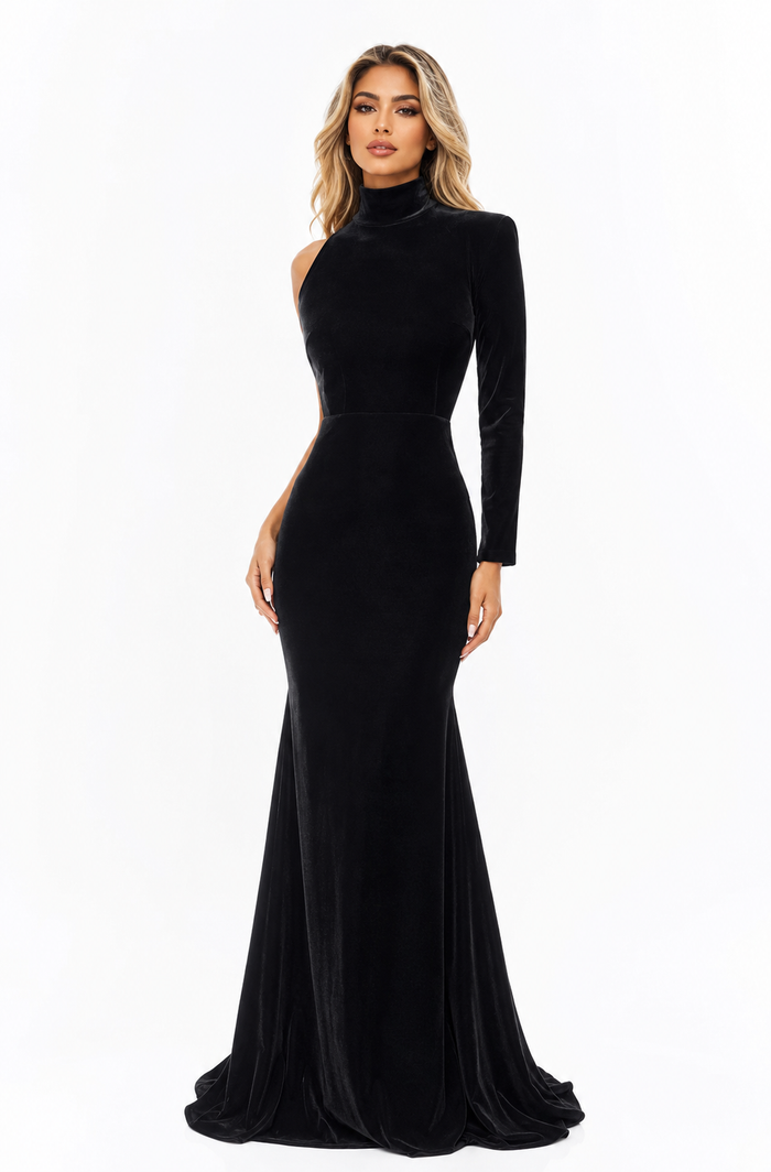 One-Sleeve Velvet Mermaid Gown – Noir