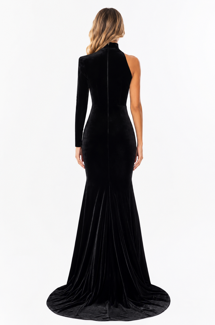 One-Sleeve Velvet Mermaid Gown – Noir
