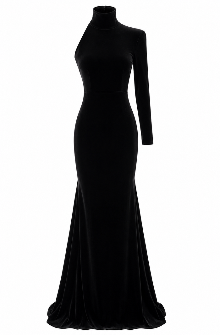 One-Sleeve Velvet Mermaid Gown – Noir