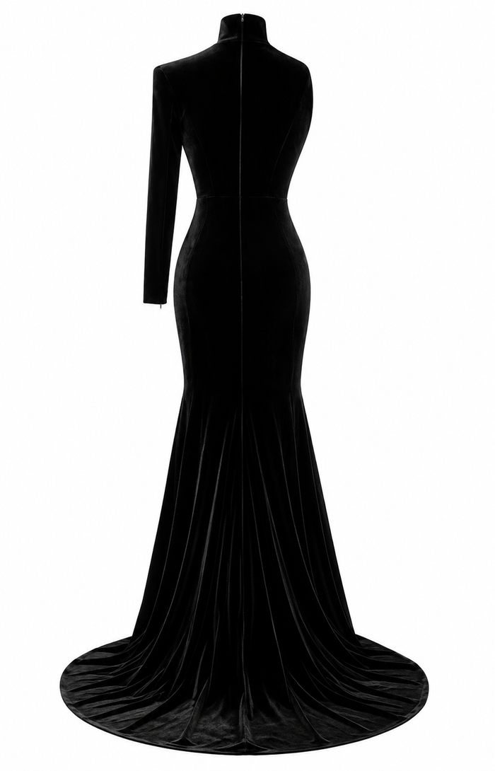 One-Sleeve Velvet Mermaid Gown – Noir