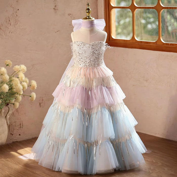 Pastel Rainbow Flower Girl Dress Layered Tulle Sparkly Birthday Party Gown J622