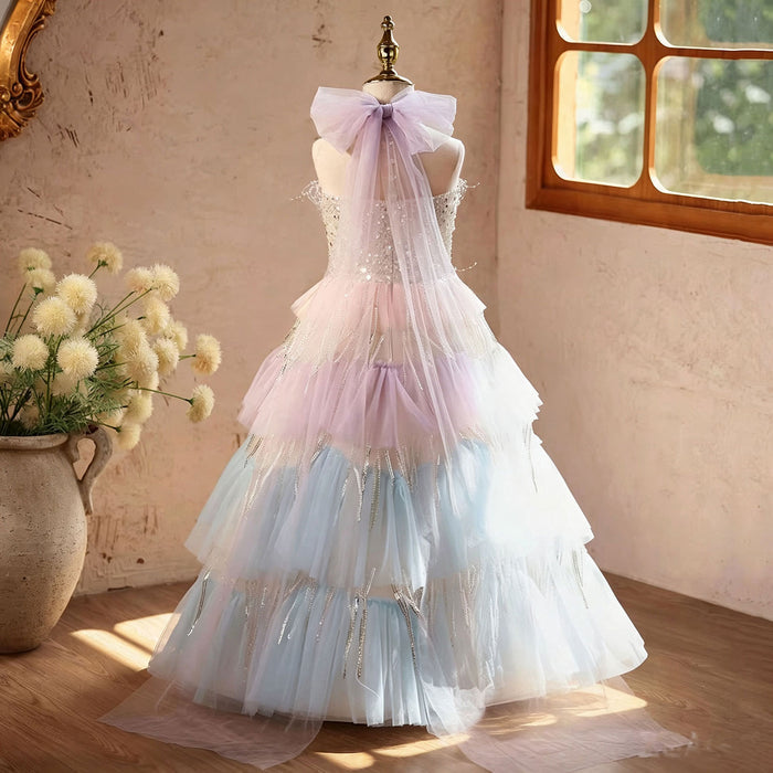 Pastel Rainbow Flower Girl Dress Layered Tulle Sparkly Birthday Party Gown J622