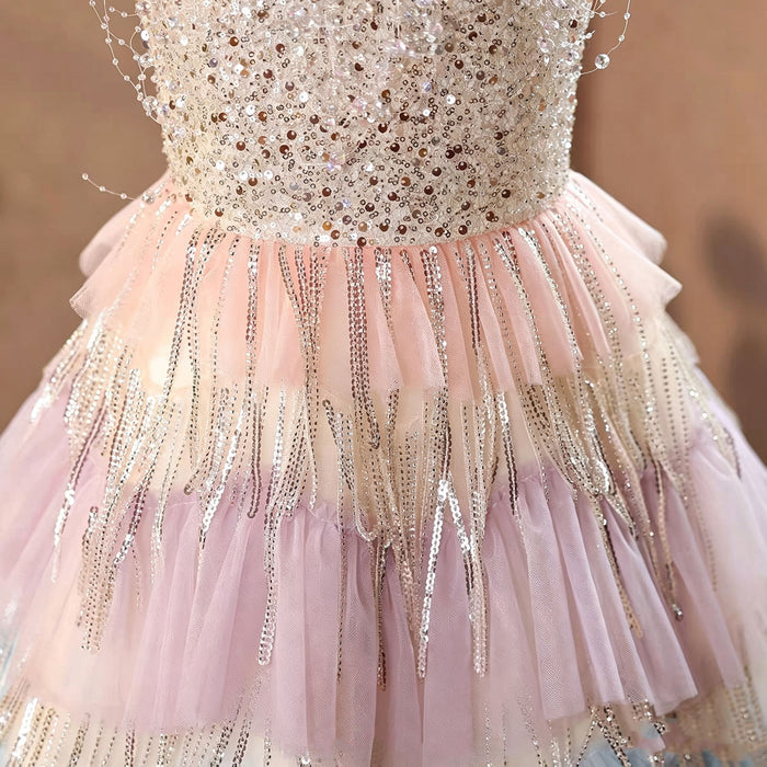 Pastel Rainbow Flower Girl Dress Layered Tulle Sparkly Birthday Party Gown J622