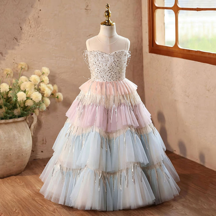 Pastel Rainbow Flower Girl Dress Layered Tulle Sparkly Birthday Party Gown J622