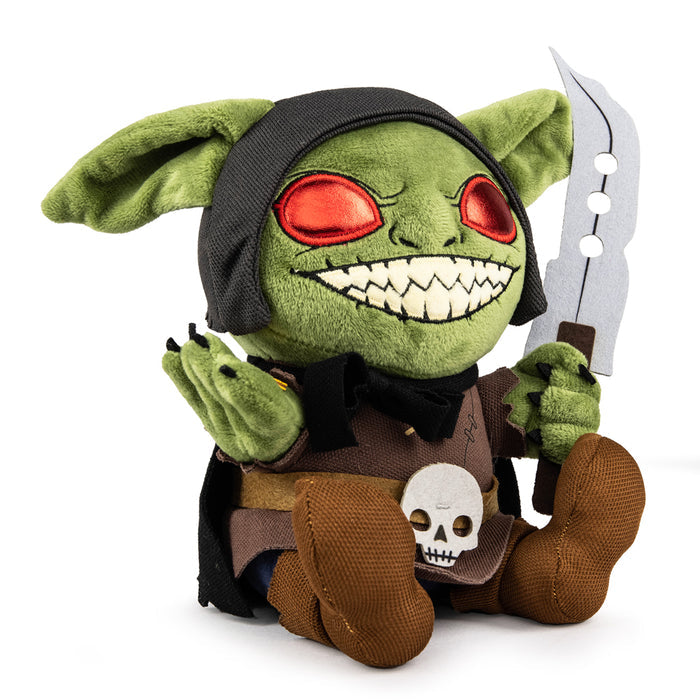 Pathfinder Goblin 7-inch Phunny Plush by Kidrobot, soft green plush toy with detailed goblin features and playful expression.