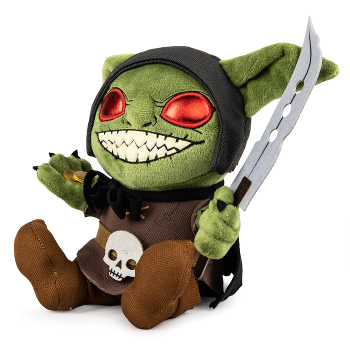 Pathfinder Goblin 7-inch Phunny plush by Kidrobot, soft green plush toy with goblin features, detailed face and expressive eyes.