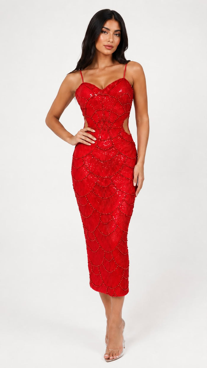 Pearl Beaded Midi Dress - Opulence