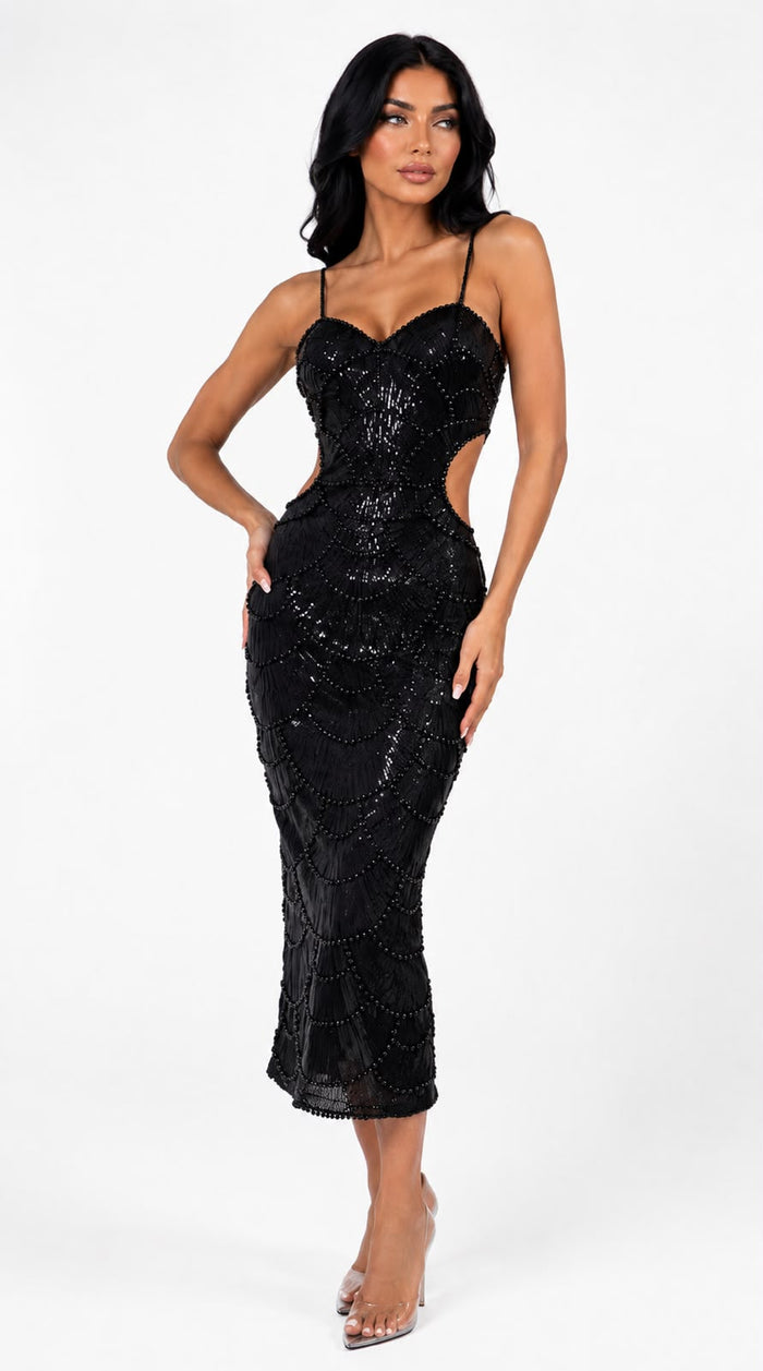 Pearl Beaded Midi Dress - Opulence
