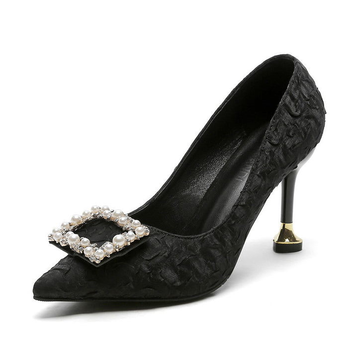 Pearl Buckle Black Stiletto Heels - Glam