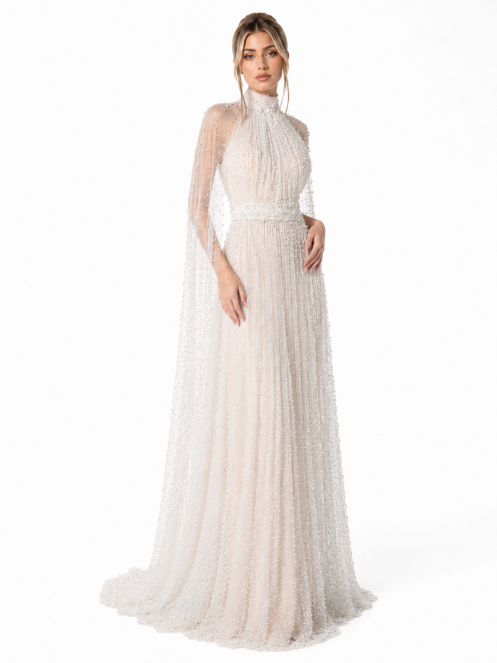 Pearl Embellished Cape Gown - Diva