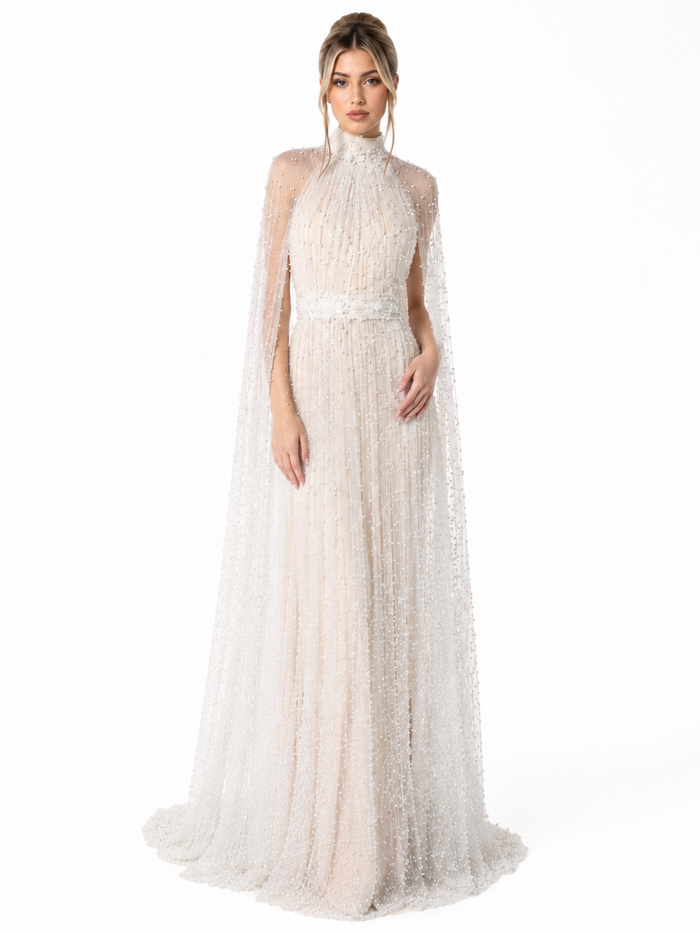 Pearl Embellished Cape Gown - Diva
