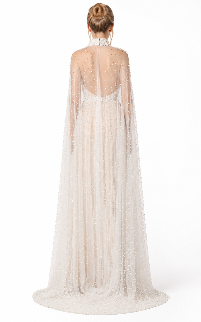 Pearl Embellished Cape Gown - Diva