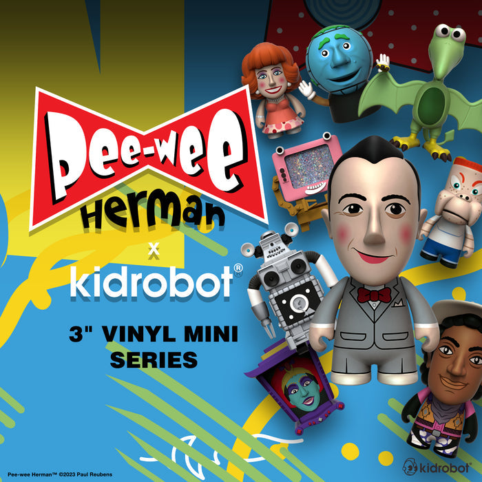 Mini figures from Pee-wee's Playhouse 3-inch vinyl series by Kidrobot, featuring colorful collectible character designs.