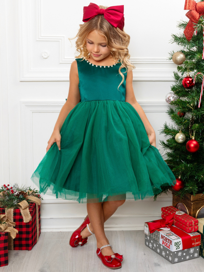 Perfectly Pine Green Bow Satin Christmas Dress