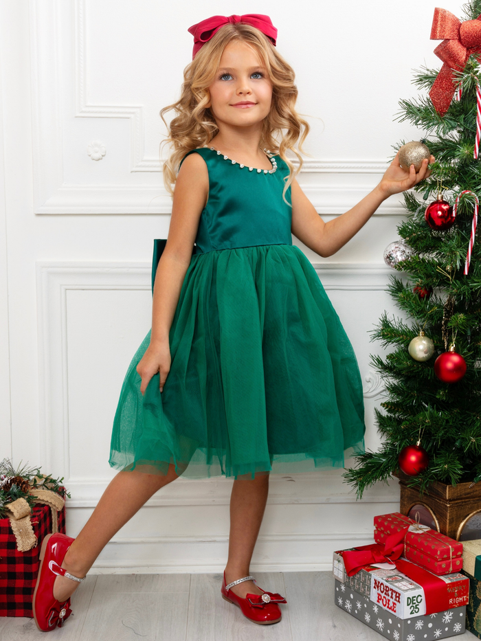 Perfectly Pine Green Bow Satin Christmas Dress