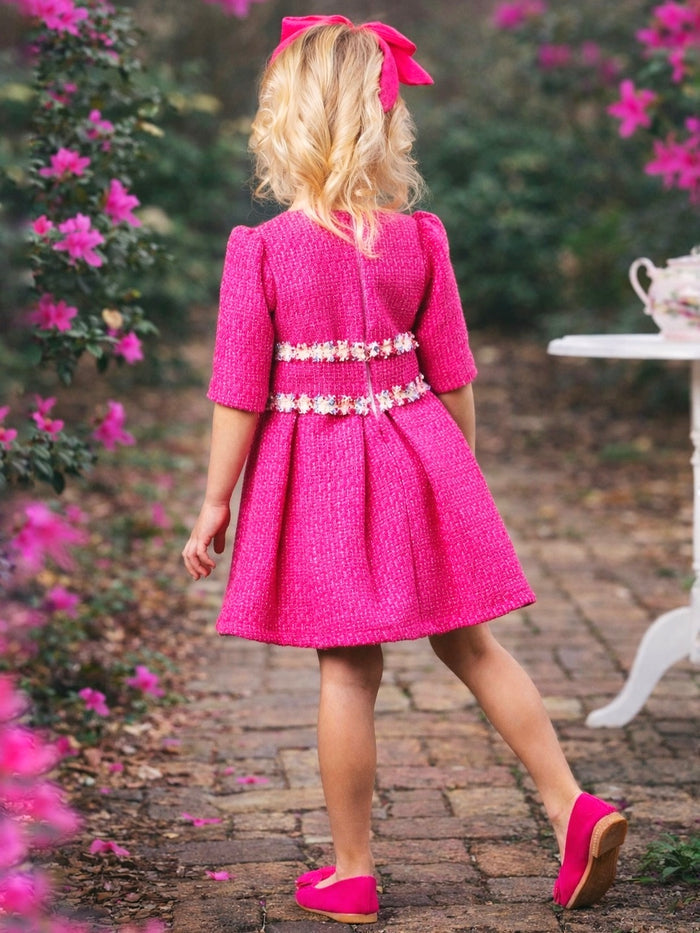 Girls dressy pink dress with textured fabric and short sleeves