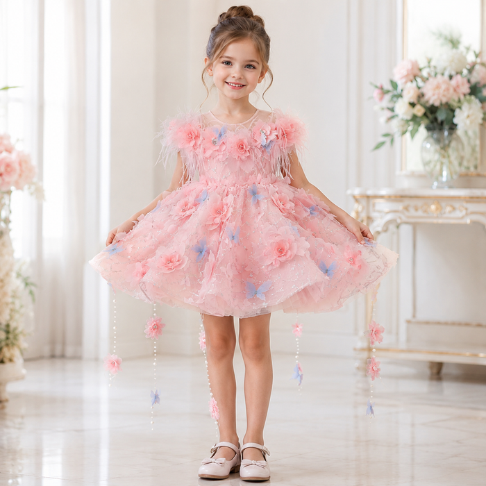 Pink 3D Floral Feather Tulle Flower Girl Dress with Pearl Tassels J914