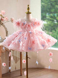 Pink 3D Floral Feather Tulle Flower Girl Dress with Pearl Tassels J914
