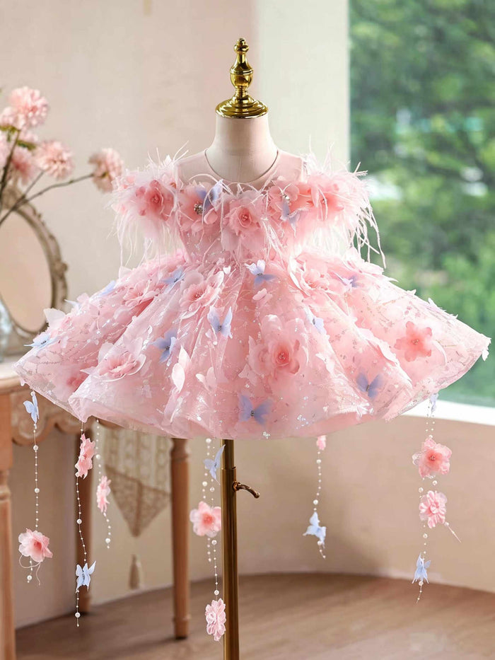 Pink 3D Floral Feather Tulle Flower Girl Dress with Pearl Tassels J914