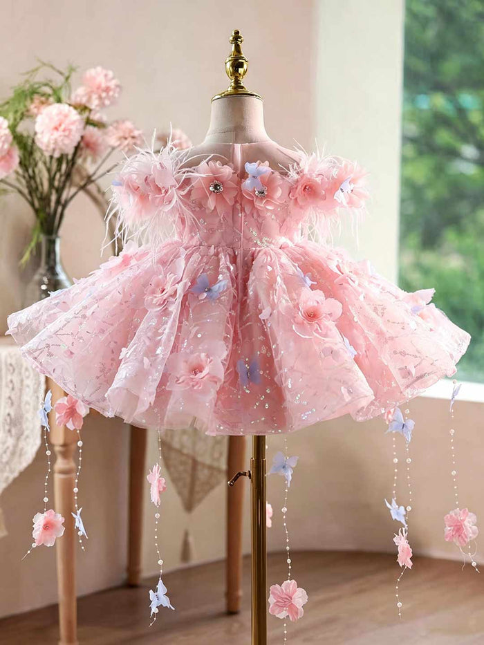 Pink 3D Floral Feather Tulle Flower Girl Dress with Pearl Tassels J914