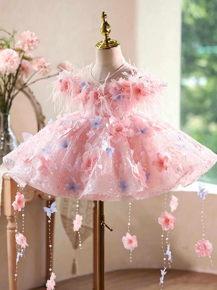 Pink 3D Floral Feather Tulle Flower Girl Dress with Pearl Tassels J914