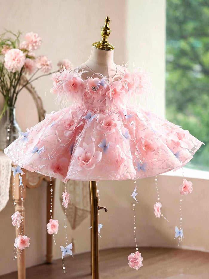 Pink 3D Floral Feather Tulle Flower Girl Dress with Pearl Tassels J914