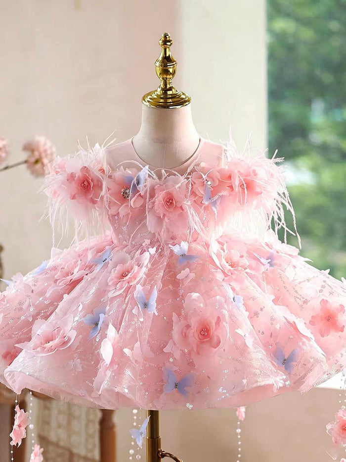 Pink 3D Floral Feather Tulle Flower Girl Dress with Pearl Tassels J914