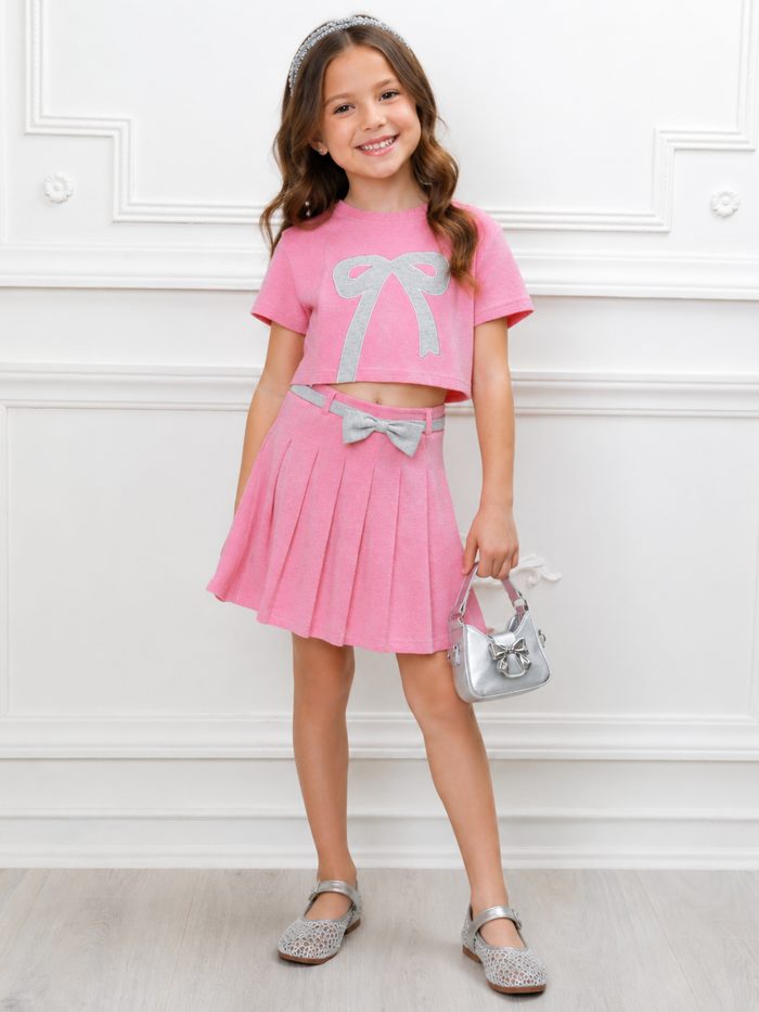 Pink Casual Bow Top and Pleated Skirt Set