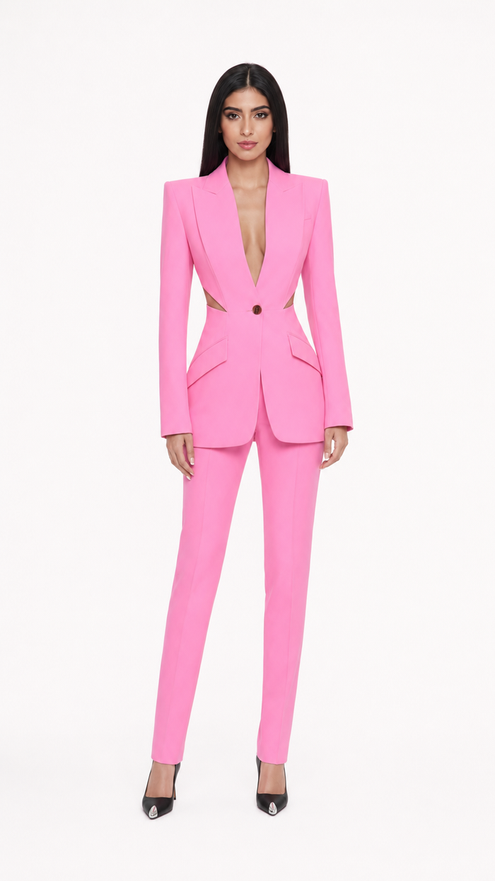Pink Cut-Out Tailored Blazer & Slim Pants Suit Set – LUNA