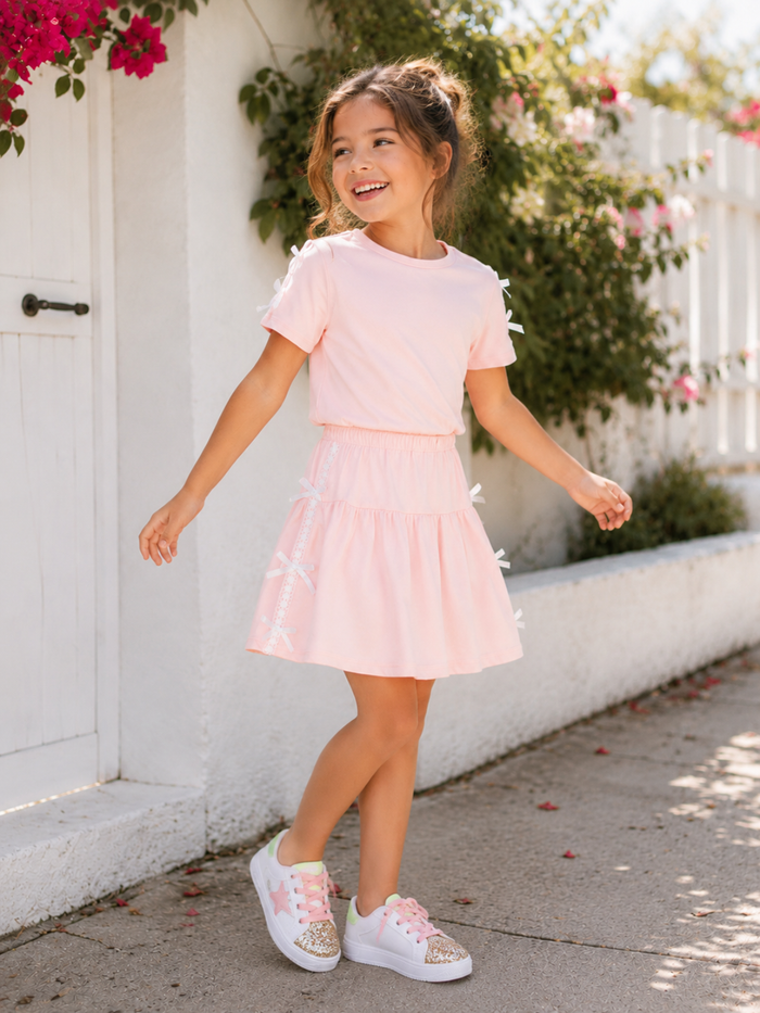 Pink Lace Bow Top and Pleated Skirt Set