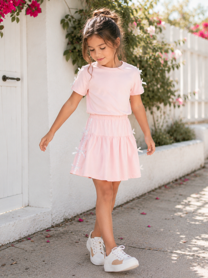 Pink Lace Bow Top and Pleated Skirt Set
