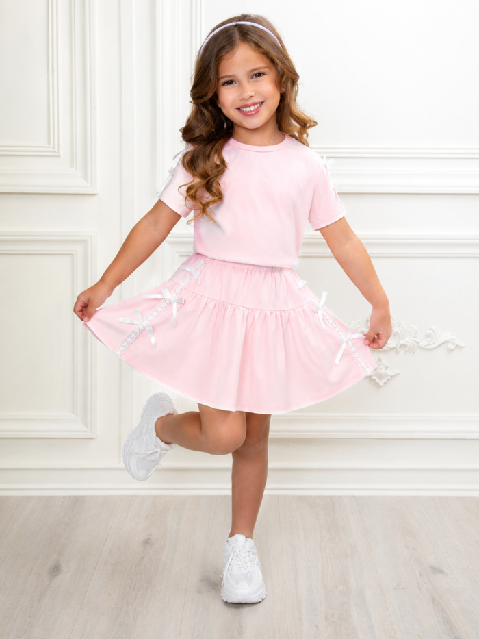 Pink Lace Bow Top and Pleated Skirt Set