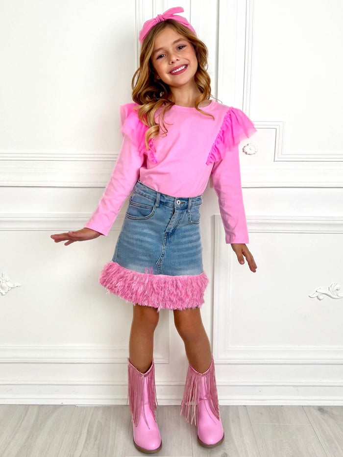 Pink Ruffle Top and Feather Trim Denim Skirt Set Mia Belle Girls