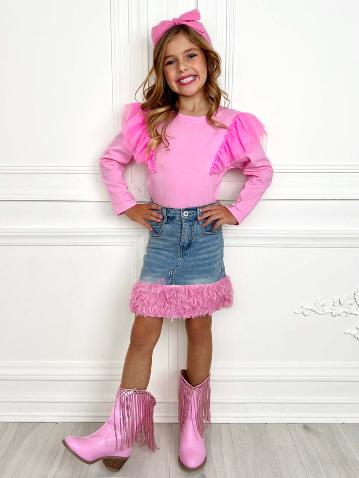 Pink Ruffle Top and Feather Trim Denim Skirt Set Mia Belle Girls