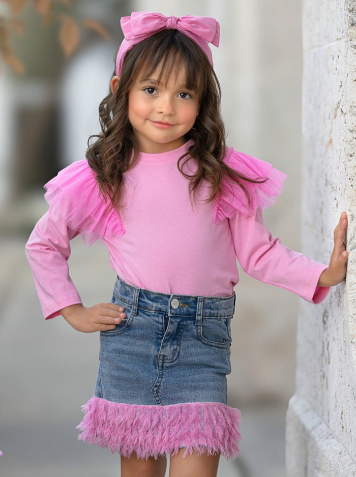 Pink Ruffle Top and Feather Trim Denim Skirt Set Mia Belle Girls