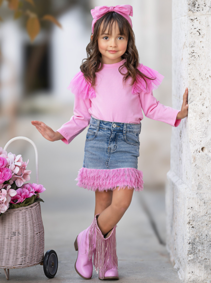 Pink Ruffle Top and Feather Trim Denim Skirt Set Mia Belle Girls