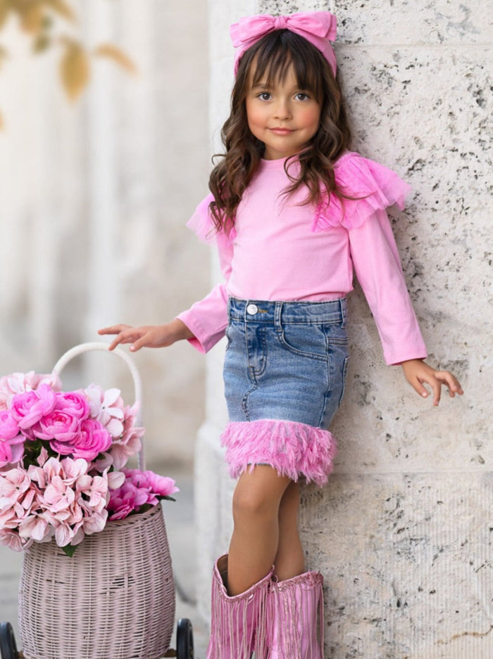 Pink Ruffle Top and Feather Trim Denim Skirt Set Mia Belle Girls