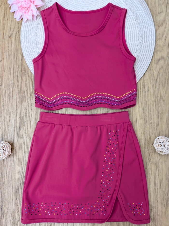 Pink Sparkle Rhinestone Tank Top and Skort Set Mia Belle Girls