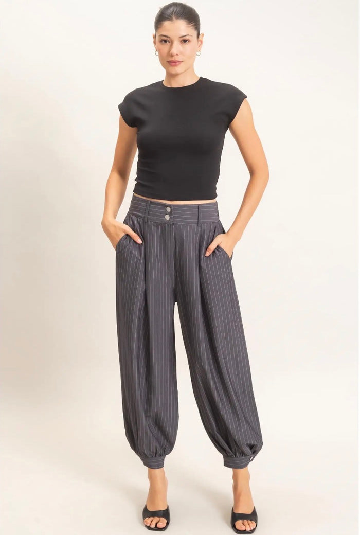 Pinstripe High Waist Trousers: Grey
