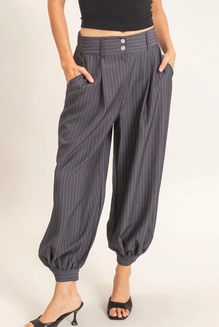 Pinstripe High Waist Trousers: Grey